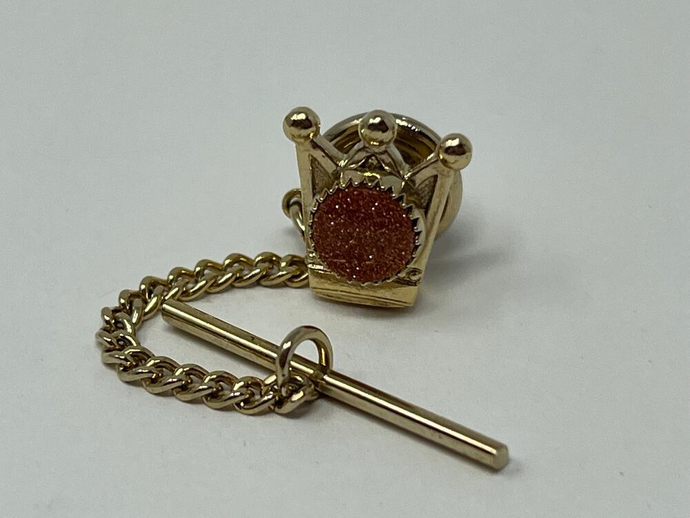 Vintage Crown Tie Tack Goldstone Cabochon Gold Tone T-Bar Chain Pin Men